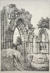 Eine Reihe alter Gebäude und ländlicher Cottages im Norden Englands: In York, Ruinen, 1821