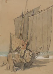 Fischerboote am Strand mit trocknenden Segeln