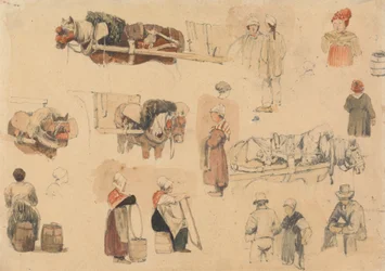 Skizzen von Bauern und Arbeitspferden