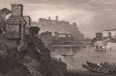 Der Tiber mit dem Aventin im Hintergrund, Rom, Latium, Italien, Stahlstich nach einer Zeichnung von Samuel Prout