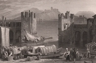 Ansicht der Burg von Angera in Arona, Lago Maggiore, Piemont, Italien, Stahlstich nach einer Zeichnung von Samuel Prout