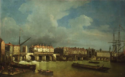 Ansicht der alten London Bridge mit Lastkähnen auf der Themse