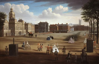 Ansicht der Westfront der Horse Guards mit dem Schatzamt und der Downing Street dahinter, ca. 1758