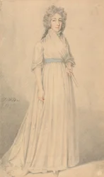 Eine Dame, ganz in Blau gekleidet und einen Fächer haltend
