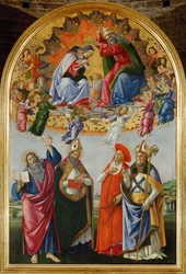 Krönung der Jungfrau mit sechzehn Engeln und Heiligen: Johannes Evangelist, Augustinus, Hieronymus und Eligius