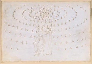 Die Göttliche Komödie, Paradiso XXV. Achte Sphäre (Fixsternhimmel): Jakobus prüft Dante in der zweiten theologischen Tugend, der Hoffnung; Erscheinung Johannes des Evangelisten und seine Rede über die Verfassung der Wesen im Paradies; Blendung Dantes