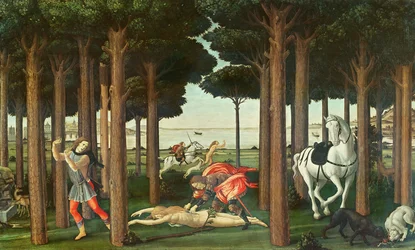 Die Ausweidung der verfolgten Frau: Szene II der Geschichte von Nastagio degli Onesti, um 1483