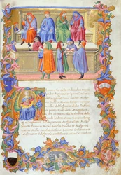 Das Tribunale della Mercanzia (Handelsgericht), Miniatur aus Statuten der Kaufleute Nr. 6 von Sano di Pietro