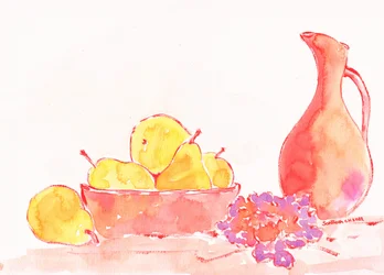 Aquarellbirnen und Krug