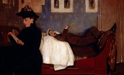 Das Atelier in Paris. Die Figurenschicht ist wahrscheinlich Miguel Utrillo (1862-1934). Gemälde von Santiago Rusiñol i Prats (1861-1931)