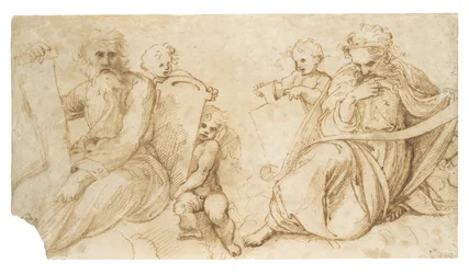 Zwei Propheten mit Schriftrollen, sitzend mit Putti, die Tafeln halten