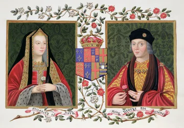 Doppelporträt von Elizabeth of York (1465-1503) und Heinrich VII. (1457-1509), die die weiße Rose von York und die rote Rose von Lancaster halten, aus „Erinnerungen an den Hof von Königin Elisabeth“, veröffentlicht 182