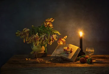 Kerzenbeleuchtetes Buch und Blumen