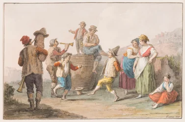 Aquarell; Zwei Bauern tanzen zur Musik von Dudelsack und Horn
