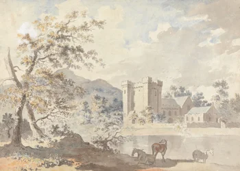 Schloss unter Bergen mit Pferden an einem Fluss
