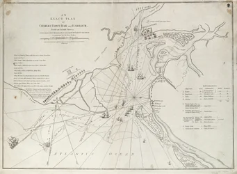 Genauer Plan der Charles Town Bar und des Hafens, aus einer tatsächlichen Vermessung mit dem Angriff auf Fort Sullivan am 28. Juni 1776 durch das Geschwader Seiner Majestät unter dem Kommando von Sir Peter Parker