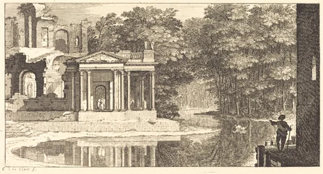 Landschaft mit Tempelruinen und Teich