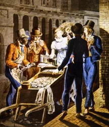 Ein Austernverkäufer verkauft seine Waren vor dem Chestnut Street Theatre in Philadelphia, ca. 1796