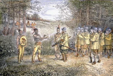 Kapitän Miles Standish handelt mit Wampanoag-Indianern im Jahr 1621