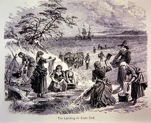 Die Pilgerväter landen 1620 in Amerika - Die Landung am Cape Cod zeigt Frauen bei der Arbeit