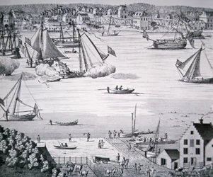 Blick auf den East River, New York ca. 1750 mit einem Schiffbauzentrum