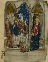 Cotton Vitellius A. XIII f.6v König Edward I. sitzt mit seinem Hof und seinen Schreiberlingen, aus 