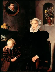 Porträt der Frau des Antwerpener Schmieds und Malers Quenston mit ihrem Kind. Die schwarz gekleidete Mutter trägt einen Kragen und eine Kopfbedeckung. Gemälde der Antwerpener Schule. 1576, 136 x 108 cm, Paris, Musée du Louvre
