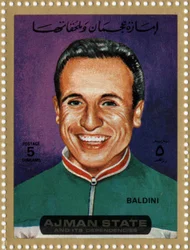 Briefmarke der VAE, die den Radfahrer Ercole Baldini darstellt (geb. 1933)