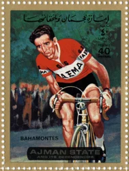 Briefmarke der VAE, die den Radfahrer Federico Bahamontes darstellt (geb. 1928).