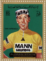 Briefmarke der VAE, die den Radfahrer Herman Van Springel darstellt (geb. 1943)