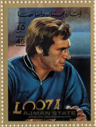 Briefmarke der VAE, die den Radfahrer Rudi Altig darstellt (geb. 1937)
