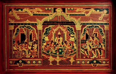 Detail einer Manuskripttruhe aus Myanmar (lackiertes Holz)