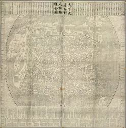 Eine Karte von China und den Nachbarländern. Wahrzeichen wie die Große Mauer. Datiert 1645
