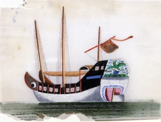Chinesische Dschunke. Malerei auf Reispapier.