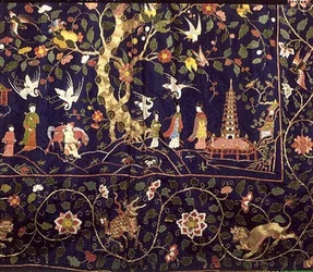 Bestickte Vorhänge vom Staatsbett in Calke Abbey, frühes 18. Jahrhundert (Detail)