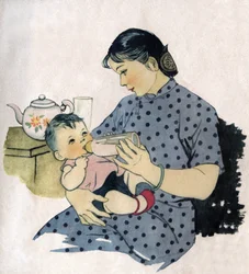 Mutter gibt ihrem Baby die Flasche. Illustration, in "Wie wir unsere Kinder besser ernähren", Ausgabe Le Journal de la Sante, Peking