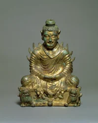 Sitzender Buddha mit flammenden Schultern, chinesische Sechs Dynastien Periode, Nördliche Wei-Dynastie, 3.-5. Jahrhundert