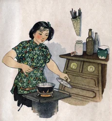 Junge Mutter bereitet Essen für ihr Kind vor. Illustration, in "Comment mieux nourrir nos enfants", Edition Le Journal de la Santé, Peking