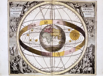 Ptolemäisches, geozentrisches, erdzentriertes System des Universums, zeigt die Position von Sonne, Mond und Planeten, aus 