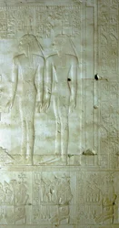 ABYDOS: Tempel von Seti (Sethi) I für Osiris. Göttinnen begleiten den Pharao.