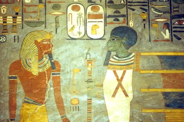 Altes Ägypten, Malerei, Ramses I. vor Ptah, hinter dem sich eine Djed-Säule befindet, Grab von Ramses I., Theben