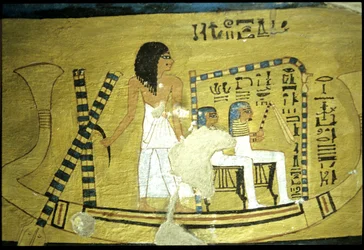 Altes Ägypten, Wandmalerei im Grab von Inherkhau, Theben, Grab der Adligen, 20. Dynastie, Inherkhau steuert ein Boot mit zwei Göttern, die in einem Schrein sitzen