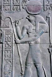 Altes Ägypten, Wandmalerei/Gravur, Horus schreibt auf Papyrusrolle, Tempel von Sebek und Horus, Kom Ombo (Foto)