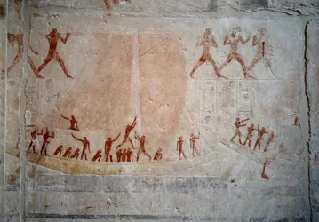 Ägyptische Antike: ein Segelboot. Kalksteinrelief aus der Kapelle des Mastaba von Akhethetep in Saqqara. 5. Dynastie (um 2500-2350 v. Chr.) 2300 v. Chr. Paris, Louvre Museum