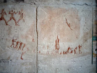 Ägyptische Antike: Navigationsszene, Kalksteinrelief aus der Kapelle des Mastaba von Akhethetep in Saqqara, 5. Dynastie (um 2500-2350 v. Chr.)