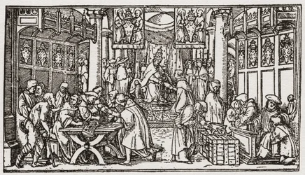 Ein Ablassverkauf während der Tudor-Zeit in England (Gravur)