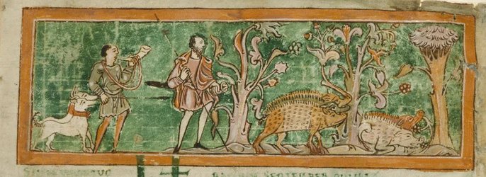 Schweine beim Grasen, aus einer Sammlung von angelsächsischen Miscellany