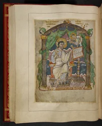 Evangelistenporträt des heiligen Matthäus aus den Æthelstan-Evangeliaren (auch als Krönungsevangeliar bekannt)
