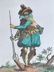 Deutscher Soldat des frühen 17. Jahrhunderts, bewaffnet mit einer Luntenschlossmuskete