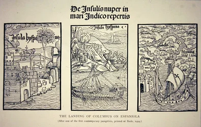 Die Landung von Kolumbus auf Hispaniola, nach einem zeitgenössischen Pamphlet, veröffentlicht in Basel im Jahr 1494